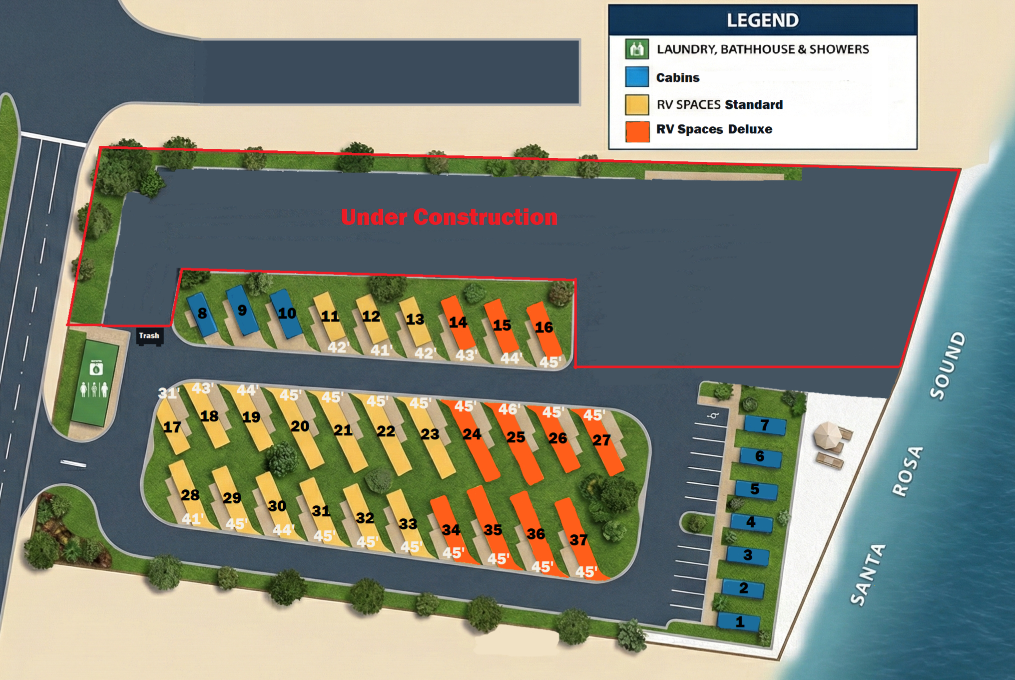 Camp Detour Resort Map showing RV sites and Cabins